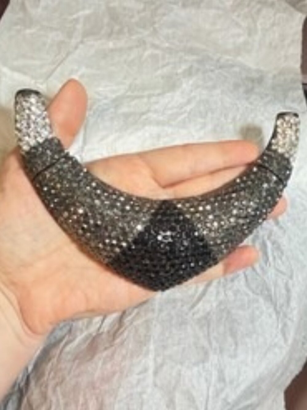 Statement Rhinestone Horn Necklace Centerpiece Black Gray Articulated Crescent B